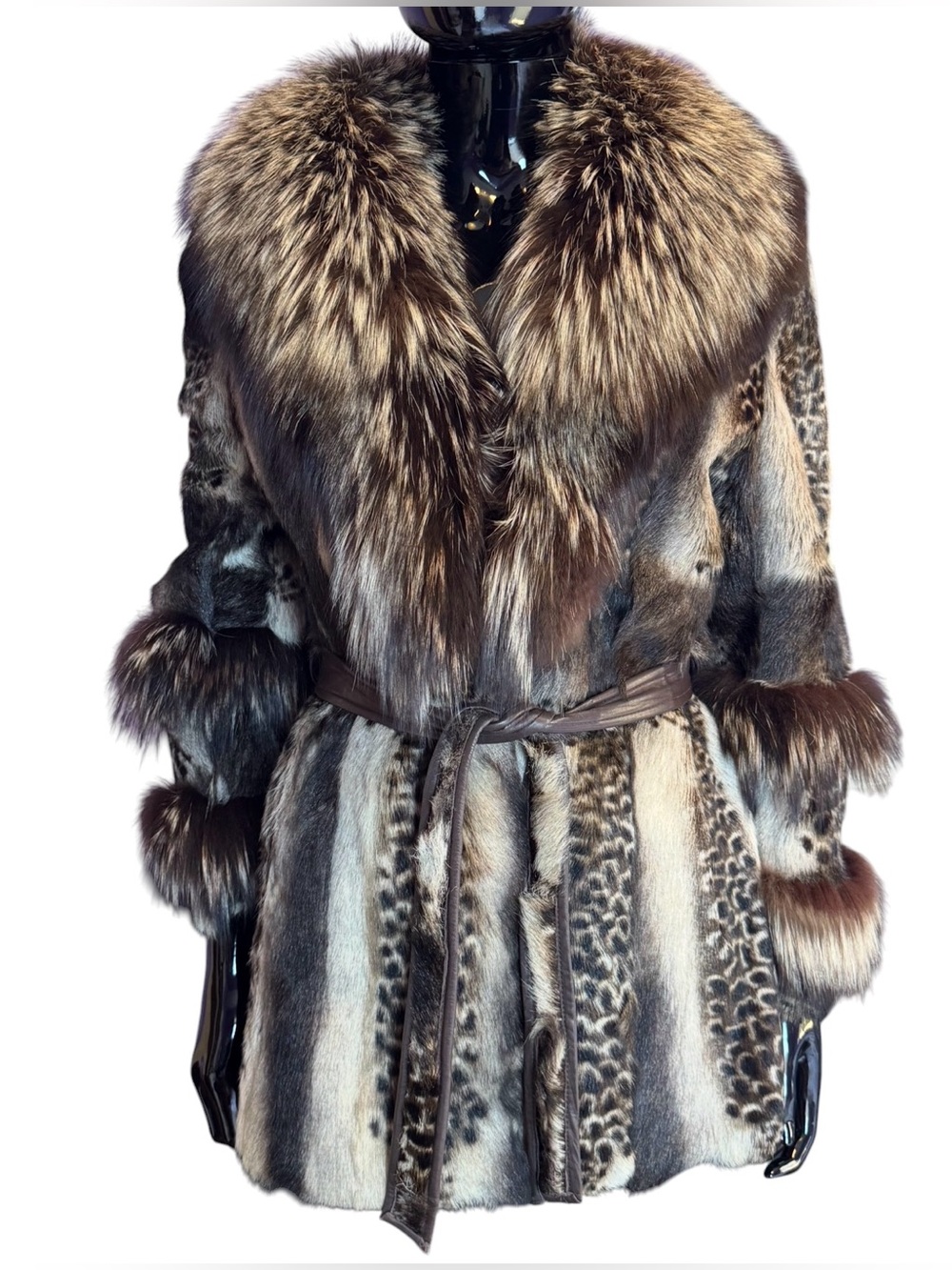 Luxurious Goat fur Brown Fur Stroller Coat with Belt fox trim